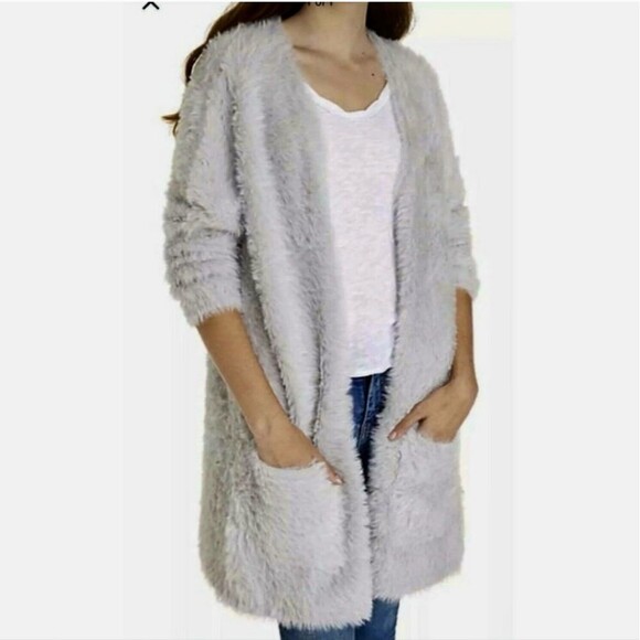 Free People Silver Cloud Faux Fur Open Cardigan L Patch Pockets - Picture 2 of 5